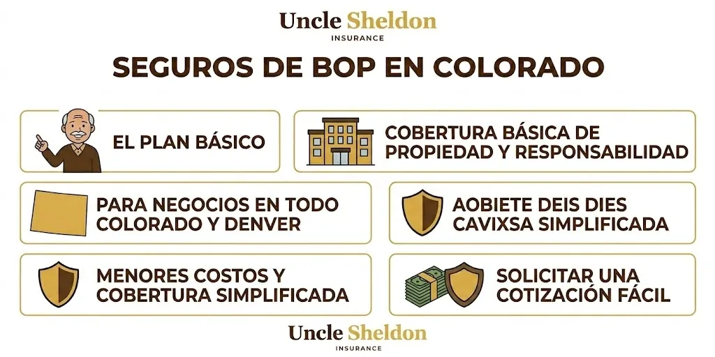 Gráfico del seguro BOP para negocios en Colorado con Uncle Sheldon mostrando los riesgos específicos del estado por región