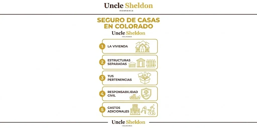 Gráfico del seguro de casa en Colorado con Uncle Sheldon mostrando los riesgos principales de granizo, incendios y costos de reconstrucción