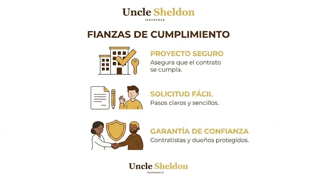 Gráfico de fianza de cumplimiento con Uncle Sheldon mostrando los distintos tipos de proyectos que requieren esta garantía financiera