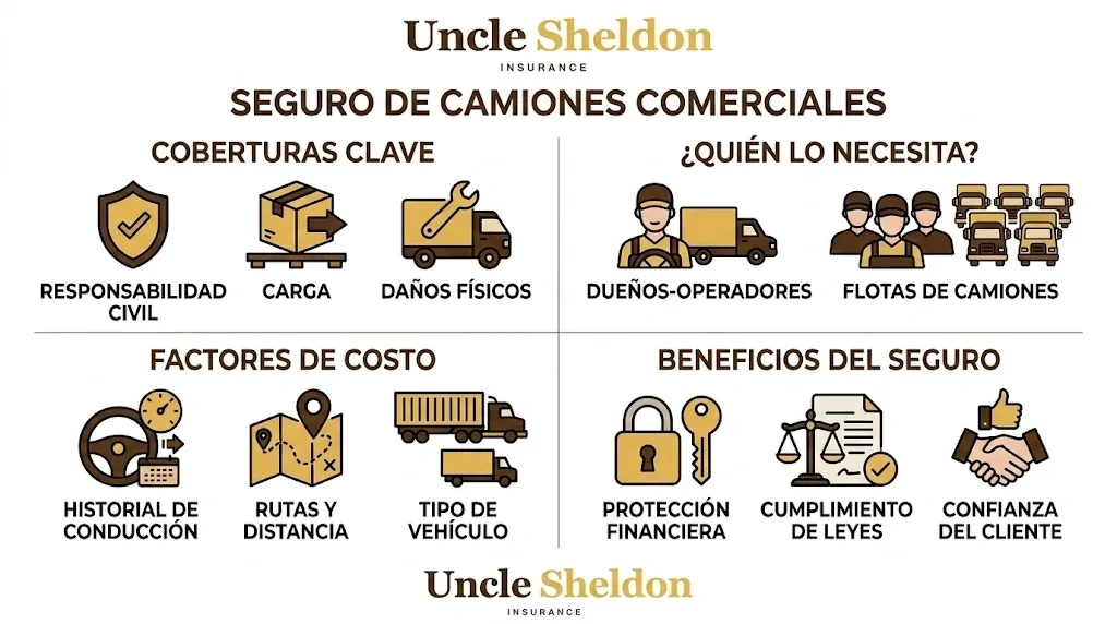 Gráfico del seguro de camiones con Uncle Sheldon explicando la responsabilidad civil primaria y los requisitos del DOT para transportistas
