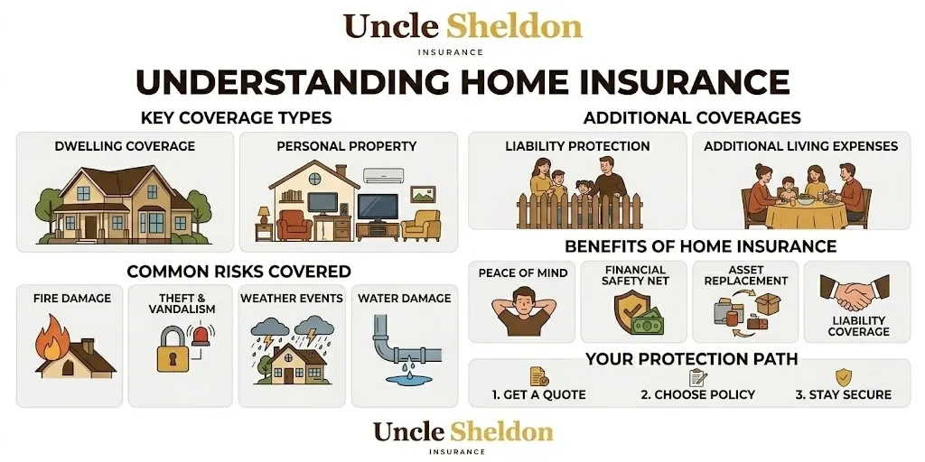 Home insurance deductible types and premium factors infographic from Uncle Sheldon