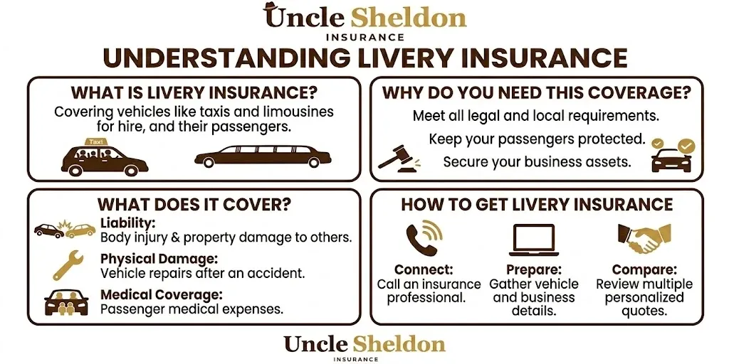 Livery insurance operation types and requirements infographic from Uncle Sheldon