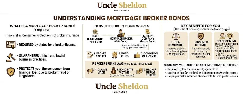 Mortgage broker bond cost and credit factors infographic from Uncle Sheldon