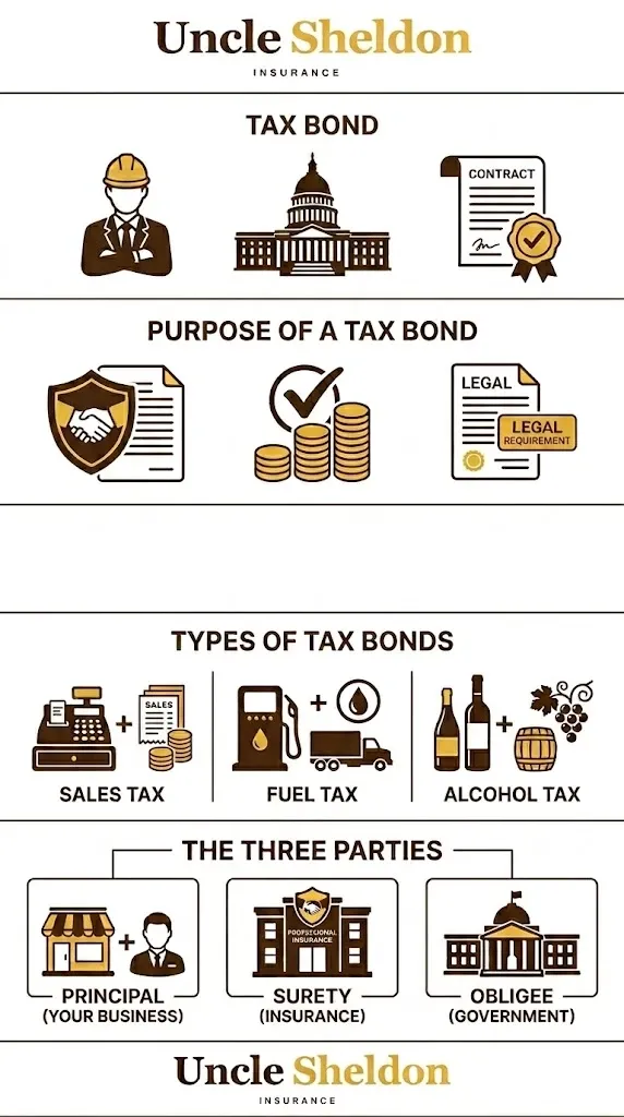 Tax bond cost and renewal process infographic from Uncle Sheldon