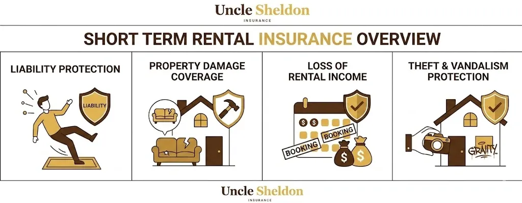 Airbnb and short-term rental insurance coverage types and policy comparison infographic from Uncle Sheldon