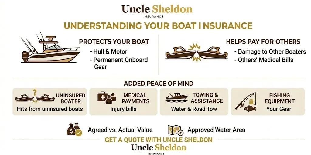 Boat insurance coverage overview infographic from Uncle Sheldon