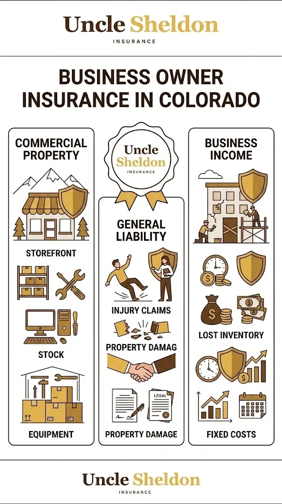 Colorado business owner insurance coverage options and key exclusions infographic from Uncle Sheldon