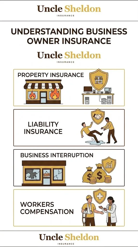 Business owner policy coverage components and eligibility overview infographic from Uncle Sheldon