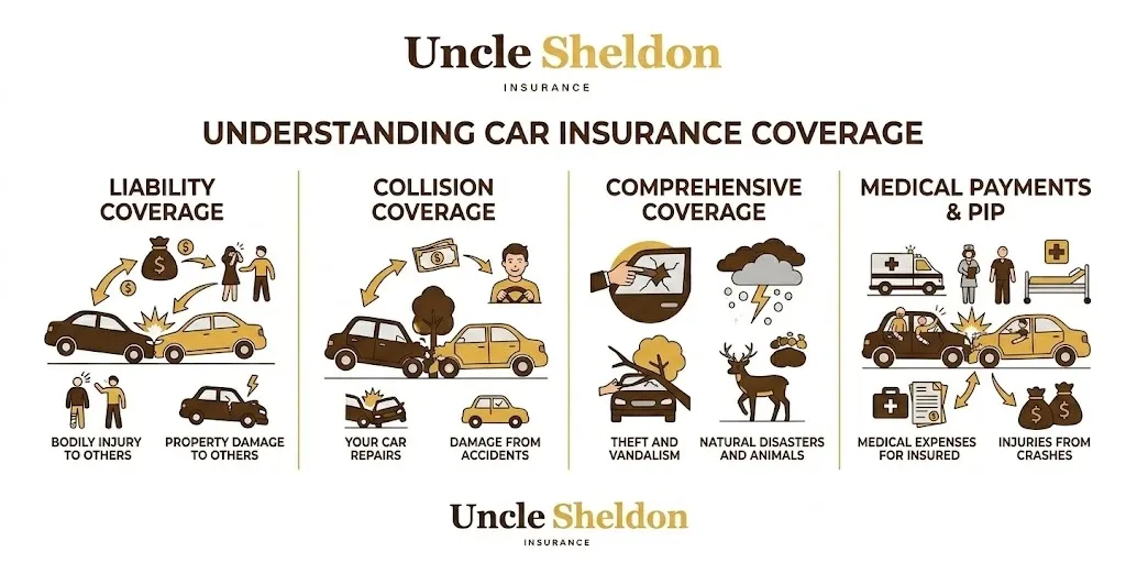 Car insurance coverage types and cost factors infographic from Uncle Sheldon