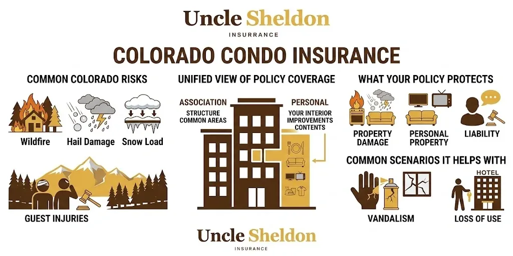 Colorado condo insurance coverage types and HOA master policy breakdown graphic from Uncle Sheldon