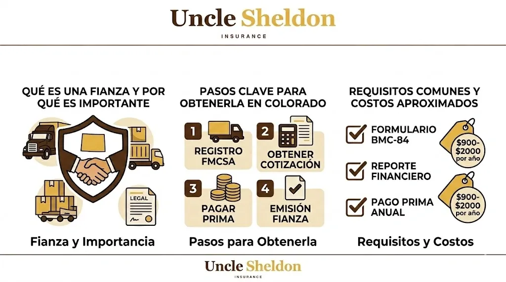 Infografía de la fianza de agente de carga en Colorado con Uncle Sheldon mostrando los riesgos logísticos por ciudad