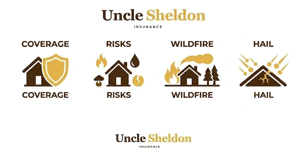 Colorado home insurance key risks including hail wildfire and rebuild cost considerations graphic from Uncle Sheldon