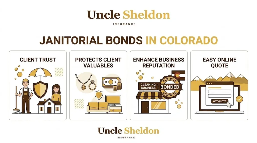 Colorado janitorial bond requirements and how surety bonds protect cleaning business clients graphic from Uncle Sheldon