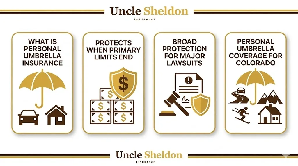 Colorado personal umbrella insurance liability scenarios and coverage limits overview graphic from Uncle Sheldon