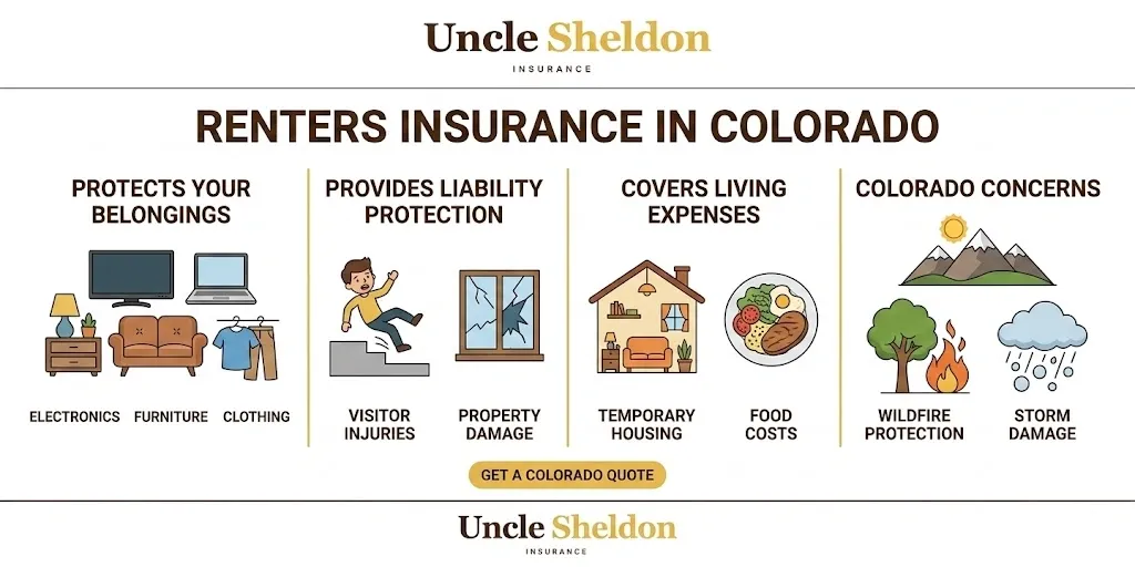 Colorado renters insurance coverage types and key risks by region infographic from Uncle Sheldon