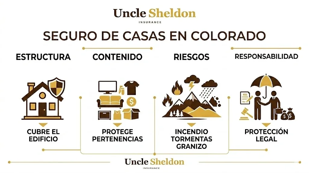 Infografía del seguro de hogar en Colorado con Uncle Sheldon detallando granizo, incendios forestales y costos de reconstrucción actualizados