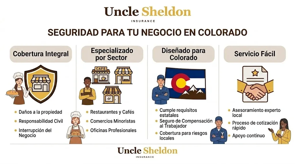 Infografía del seguro BOP para negocios en Colorado con Uncle Sheldon detallando riesgos de clima severo y cómo cubrirlos correctamente