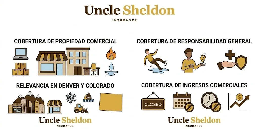 Gráfico sencillo del seguro BOP en Colorado con Uncle Sheldon mostrando la cobertura de responsabilidad civil para negocios en invierno