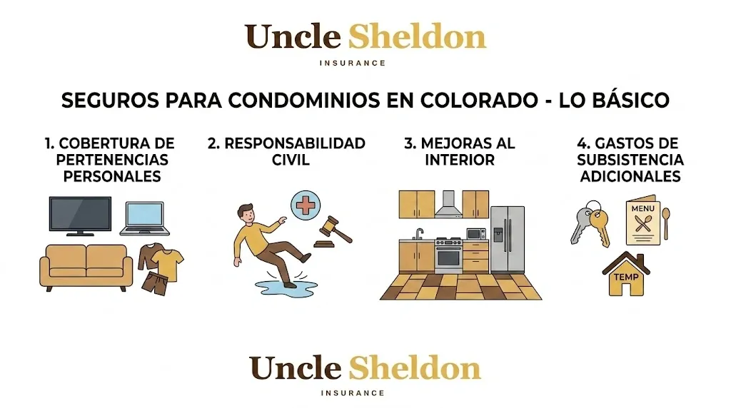 Gráfico básico de seguro de condominio en Colorado con Uncle Sheldon, incluyendo loss assessment y deducibles de granizo