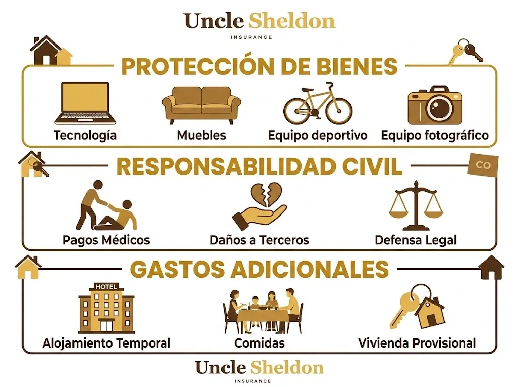Gráfico del seguro de inquilinos en Colorado con Uncle Sheldon mostrando las coberturas clave para quienes rentan en el estado