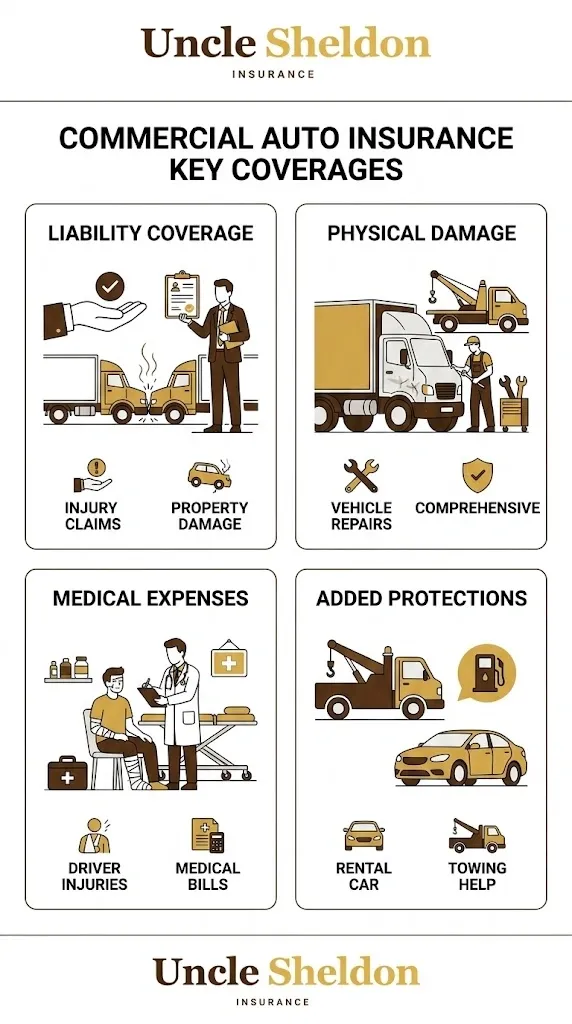 Commercial auto insurance coverage types and vehicles that need commercial policies infographic from Uncle Sheldon