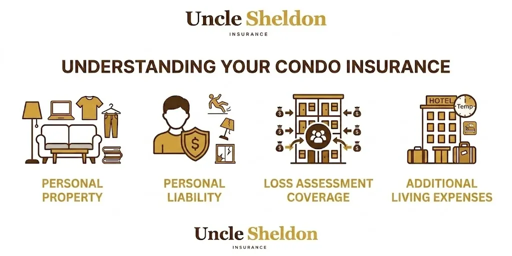 Condo insurance coverage breakdown infographic from Uncle Sheldon
