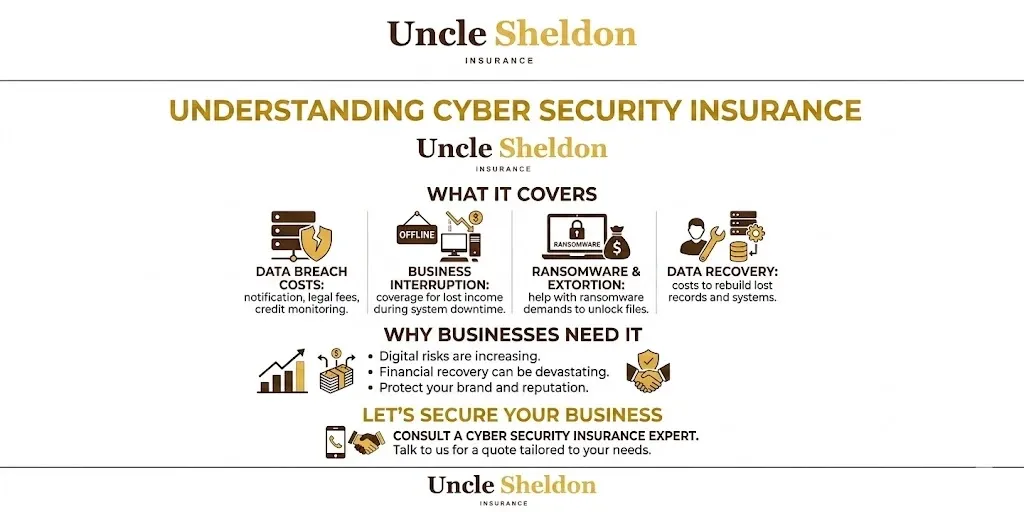 Cyber security insurance coverage and risks infographic from Uncle Sheldon