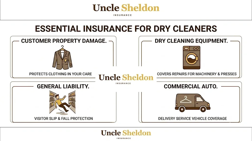 Dry cleaning business insurance overview including equipment breakdown, solvents, and pollution liability