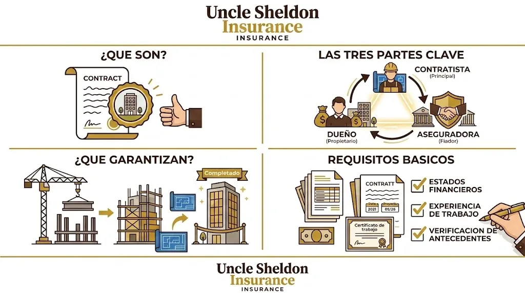 Gráfico de la fianza de cumplimiento con Uncle Sheldon explicando cómo funciona y las tres partes involucradas en la garantía
