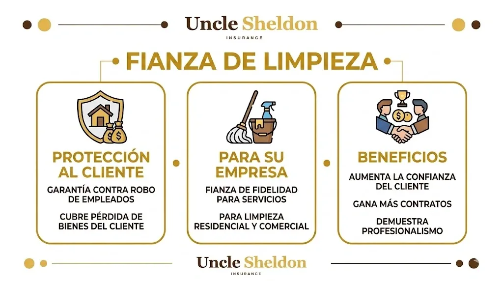Gráfico de la fianza de empresa de limpieza con Uncle Sheldon explicando qué es una janitorial bond y cómo protege a los clientes