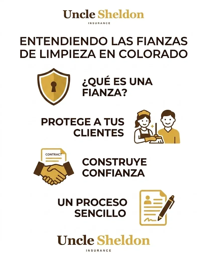 Infografía de Uncle Sheldon con detalles de la fianza de empresa de limpieza, incluyendo cómo funciona un reclamo y la diferencia con el seguro de responsabilidad