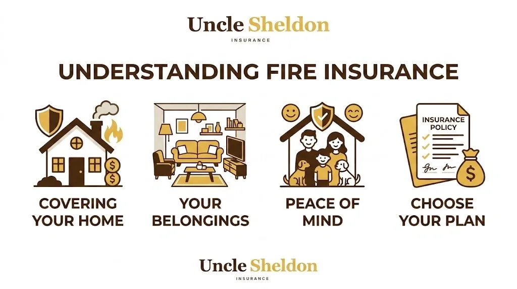 Fire insurance coverage types and replacement cost versus actual cash value comparison graphic from Uncle Sheldon