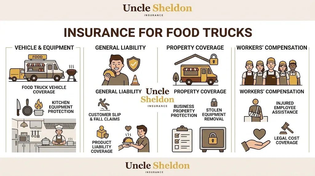 Food truck insurance coverage for the vehicle, mobile kitchen, equipment, and product liability