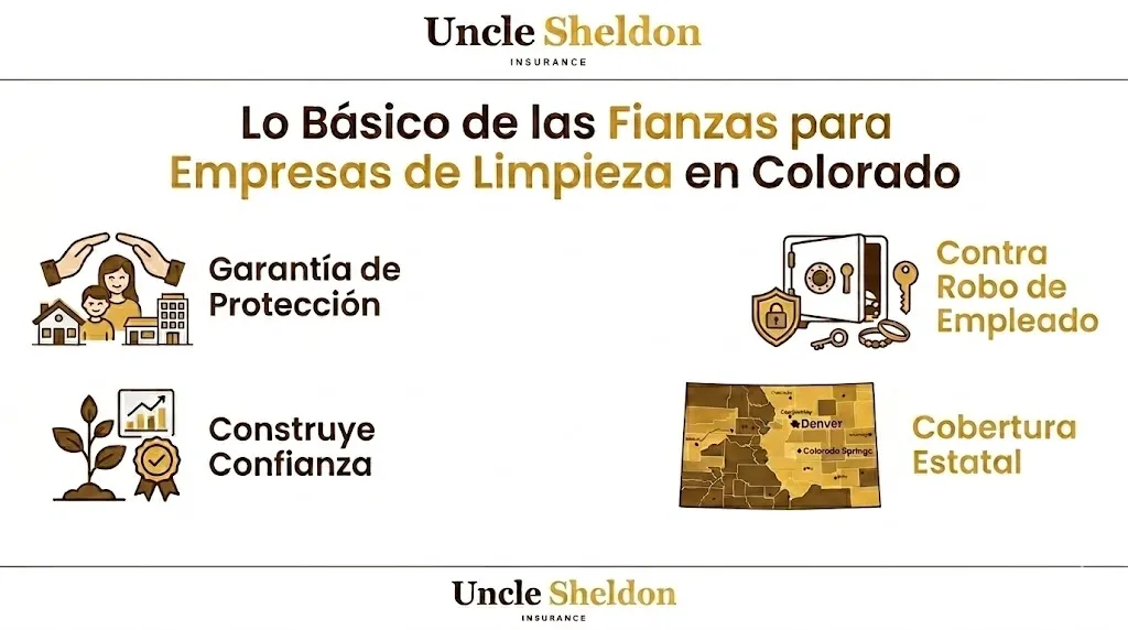 Gráfico de fianzas para empresas de limpieza en Colorado con Uncle Sheldon, mostrando los requisitos por ciudad y tipo de cliente
