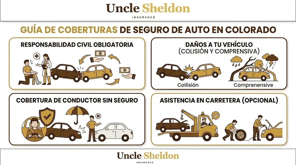 Gráfico de seguro de auto con Uncle Sheldon mostrando los tipos de cobertura y cómo protegen al conductor
