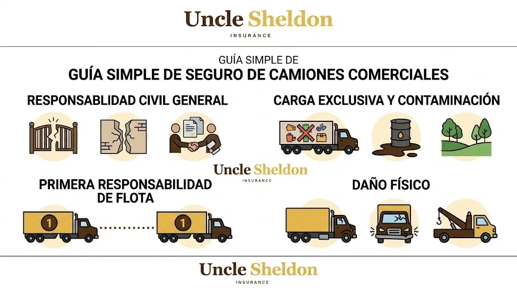 Gráfico del seguro de camiones comerciales con Uncle Sheldon mostrando las coberturas esenciales para transportistas y propietarios de flotas