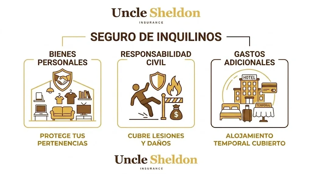 Gráfico del seguro de inquilinos con Uncle Sheldon explicando qué cubre la póliza HO-4 para quienes alquilan una casa o apartamento
