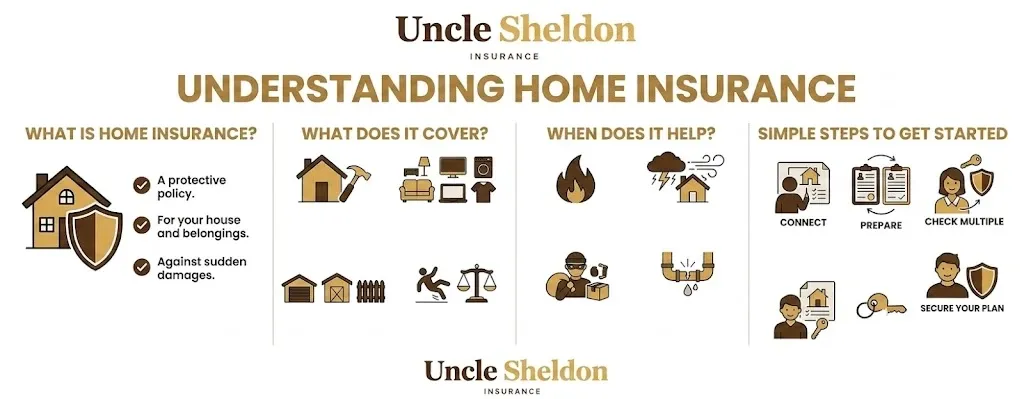 Home insurance coverage overview infographic from Uncle Sheldon