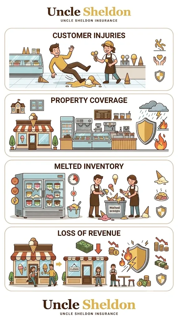 Ice cream shop insurance covering equipment breakdown, spoilage, and allergen liability
