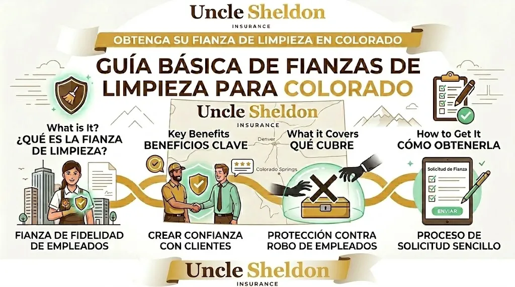 Infografía larga de fianzas de limpieza en Colorado con Uncle Sheldon explicando costos, montos y cómo obtener la fianza