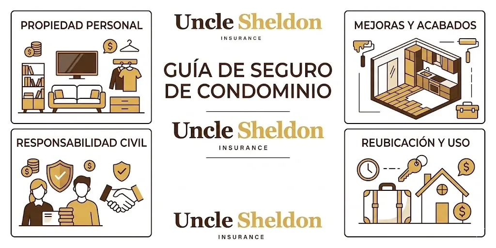 Infografía del seguro de condominio con Uncle Sheldon explicando la diferencia entre la cobertura de la HOA y tu póliza HO-6