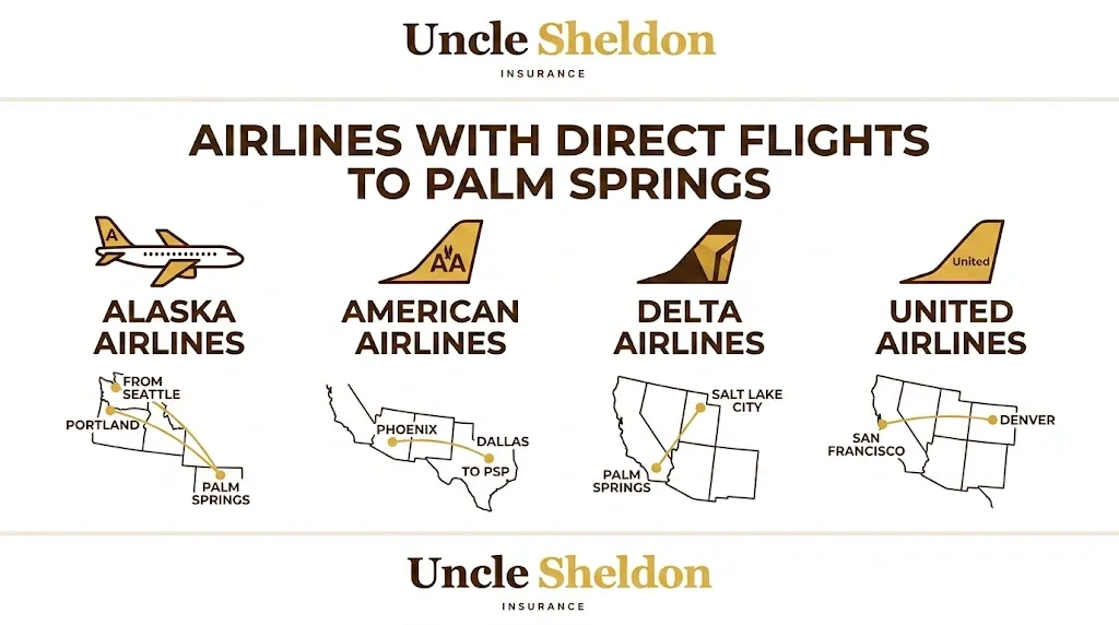 Infographic showing direct flight routes into Palm Springs International from major US cities