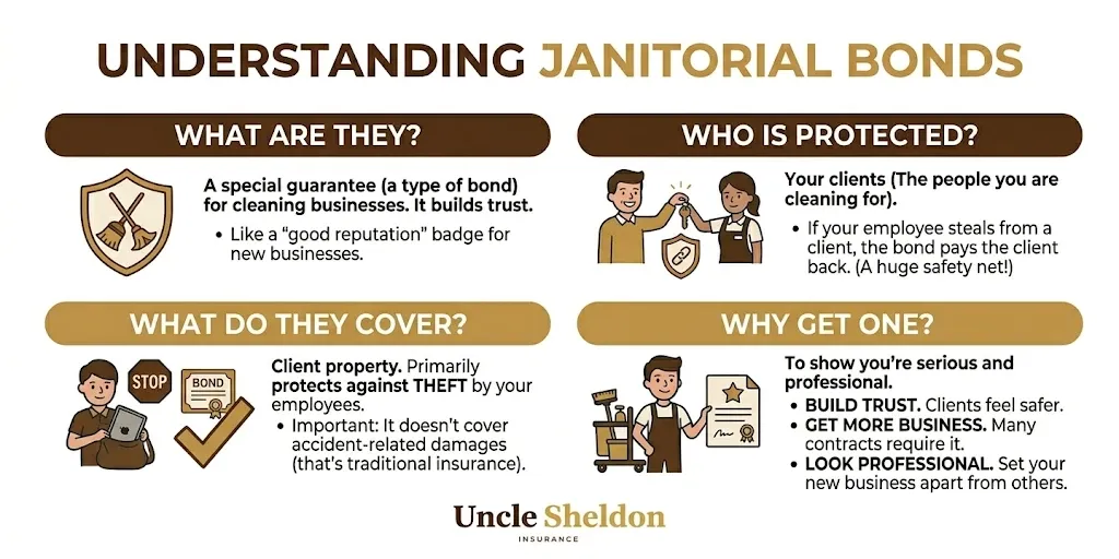 Janitorial bond coverage and how it works infographic from Uncle Sheldon