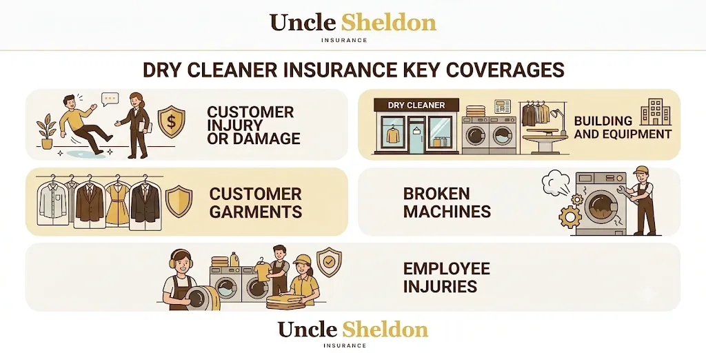 Dry cleaner insurance covering customer garments, bailee liability, and business property