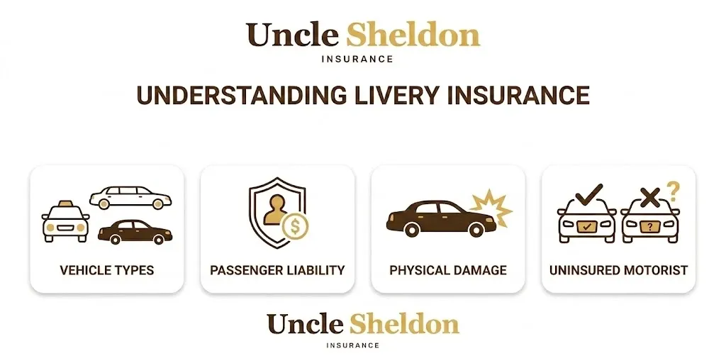 Livery insurance coverage types overview infographic from Uncle Sheldon