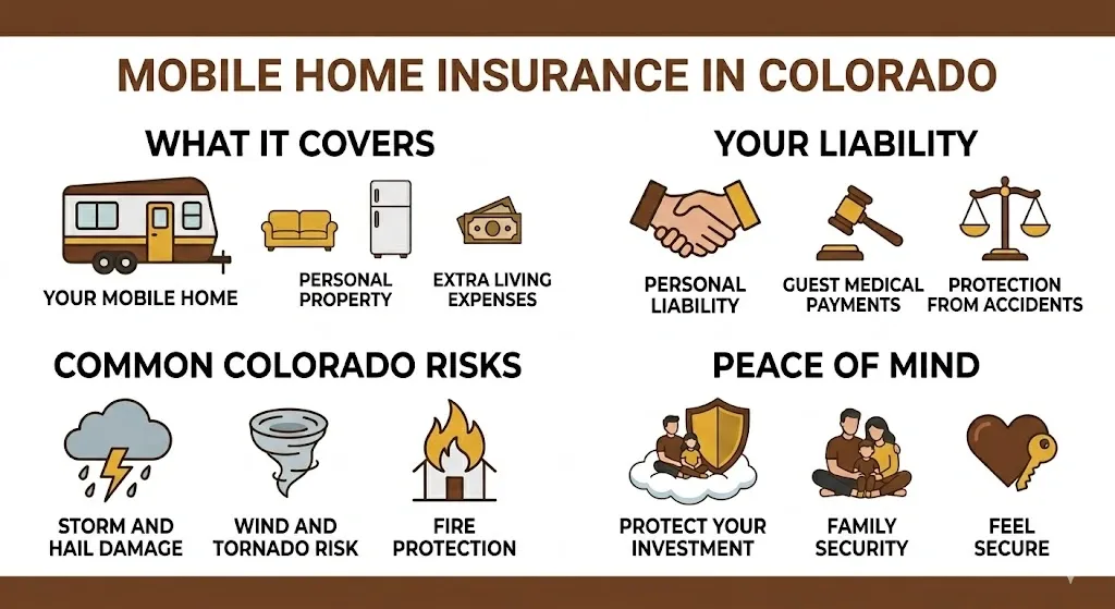 Colorado mobile home insurance key risks including hail wildfire and wind coverage graphic from Uncle Sheldon