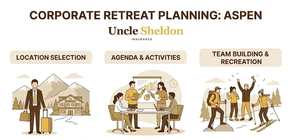 Corporate retreat planning infographic for Aspen covering venues, transport, altitude prep, and event insurance