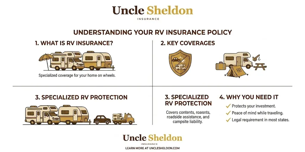 RV insurance coverage types and full-timer vs recreational use infographic from Uncle Sheldon