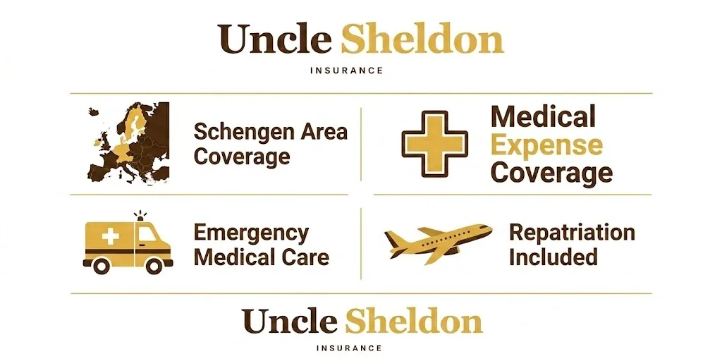 Schengen Area travel insurance requirements including minimum coverage and mandatory benefits graphic from Uncle Sheldon