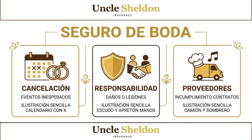 Infografía del seguro de boda con Uncle Sheldon mostrando la cobertura de cancelación y responsabilidad civil para el gran día
